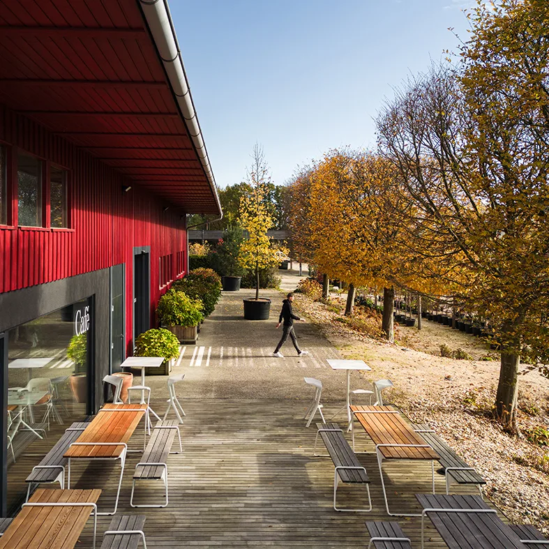 Rotes Betriebsgebäude mit Terrasse und herbstlicher Baumreihe