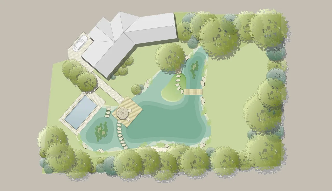 Gartenplan eines Privatgartens mit Schwimmteich, Pool und Baumgruppen
