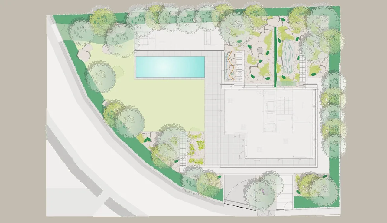 Farbiger Gartenplan eines Villengartens mit Pool, Rasenflächen und Baumgruppen